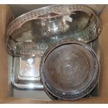 A quantity of silver plate including a tray, two large bottle coasters and 2 entree dishes