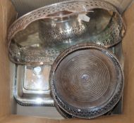 A quantity of silver plate including a tray, two large bottle coasters and 2 entree dishes