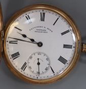 A George V 9ct gold half hunter keyless pocket watch, retailed by Fattorini & Sons, gross 97.7