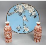 A cloisonne plate, diameter 30cm and a pair of Japanese Kutani vases