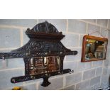 A Victorian inlaid rosewood overmantel mirror, W.84cm, together with a later Flemish carved oak