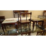 A Georgian mahogany whatnot (reduced to two tiers) and two stools with needlework seats