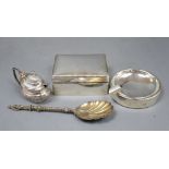 A silver cigarette box, a silver mounted ashtray, a silver spoon and a plated mustard.