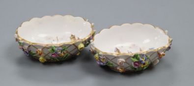 A pair of Helena Wolfsohn Dresden oval basket moulded salts, painted with harbour scenes and