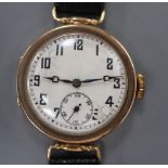 An early 20th century 9ct gold Rolex manual wind wrist watch, with Arabic dial and subsidiary