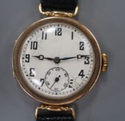 An early 20th century 9ct gold Rolex manual wind wrist watch, with Arabic dial and subsidiary