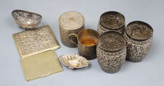 Three Indian repousse white metal beakers, 97mm and six other items including sterling mug and 800