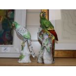 A Continental porcelain figure of a parrot and a German porcelain parrot, tallest