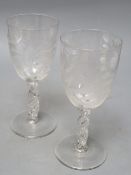 A pair of 19th century large glasses, engraved with ferns, twist stems, height 20cm