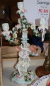 A Sitzendorf floral encrusted figural candelabra, blue factory mark, height 45cm