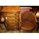 A cane French style elbow chair and a reproduction bow front chest, W.51cm, D.40cm, H.105cm