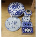 Chinese blue and white porcelain - a 'dragon' box and cover, two jars and one cover, two pillows and