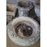 Two reconstituted stone campana garden urns, larger 58cm diameter, H.36cm