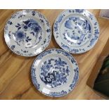 Three 18th century Delft dishes, largest diameter 36cm