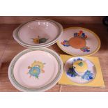 A Clarice Cliff Blue Crocus square plate and lidded mustard, two Spring Crocus dishes, a Crocus
