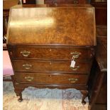 A Queen Anne style burr walnut bureau, W.76cm, D.45cm, H.101cm