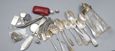 A mixed group of assorted silver flatware including 19th century Irish butter knife and other