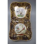 A pair of Derby square shaped dessert dishes, painted with exotic birds, width 20.5cm