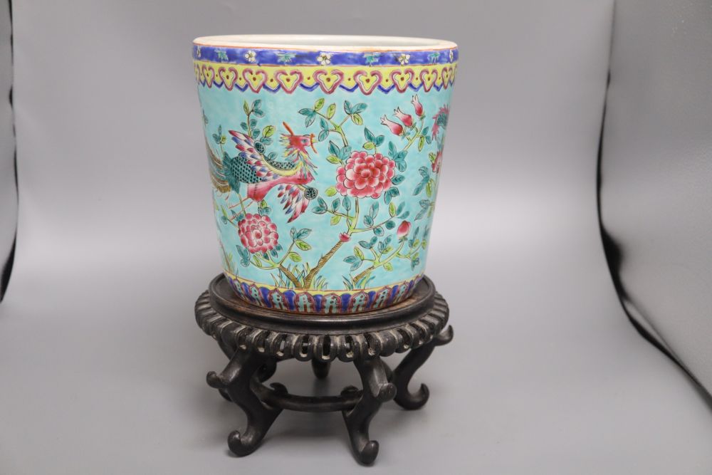 A Chinese turquoise glazed 'dragon' jardiniere and wood stand, overall 33cm - Image 3 of 5