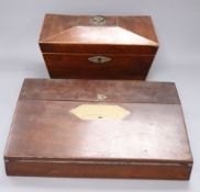 A Georgian mahogany tea caddy with associated mixing bowl and a similar writing slope, longest 35.