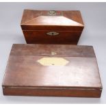 A Georgian mahogany tea caddy with associated mixing bowl and a similar writing slope, longest 35.