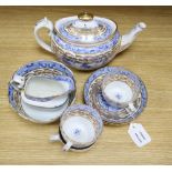 An early 19th century Miles Mason blue and white transfer printed tea set, "Temple" pattern