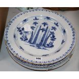 A set of three 18th century Delft chargers, diameter 37cm, two a.f.