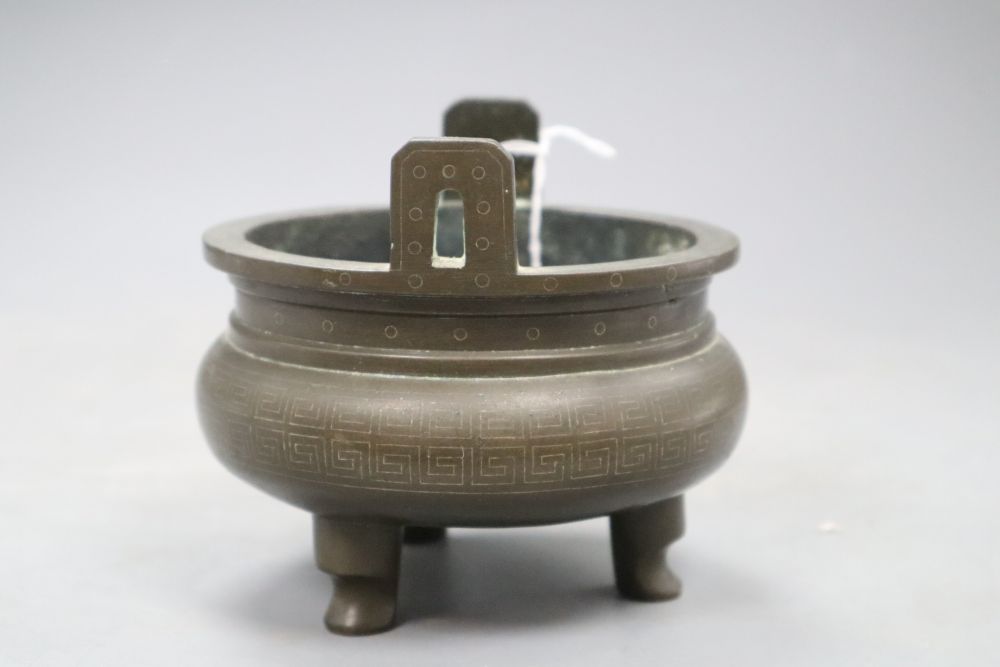 A 19th century Chinese silver inlaid bronze censer, height 10.5cm - Image 2 of 3