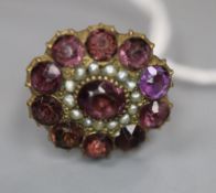 A 9ct gold shank, now with associated amethyst and seed pearl cluster set ring head, size G, gross 3