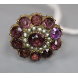 A 9ct gold shank, now with associated amethyst and seed pearl cluster set ring head, size G, gross 3