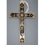 A Victorian yellow metal, black enamel and split pearl set mourning cross pendant, 57mm, gross 3.3