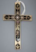 A Victorian yellow metal, black enamel and split pearl set mourning cross pendant, 57mm, gross 3.3