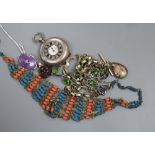 A 1950' silver, enamel and paste set brooch, a green paste necklace and other jewellery, including a