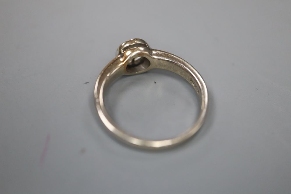 A modern 14k white metal and two stone diamond ring (split solitaire), size P, gross 4.4 grams. - Image 2 of 2