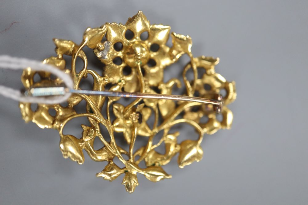 A continental yellow metal and rose cut diamond set foliate pendant brooch,(lead solder repair - Image 2 of 2