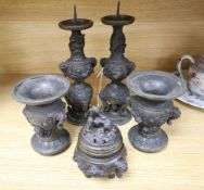 A five piece Japanese bronze altar set, tallest 25cm