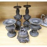 A five piece Japanese bronze altar set, tallest 25cm