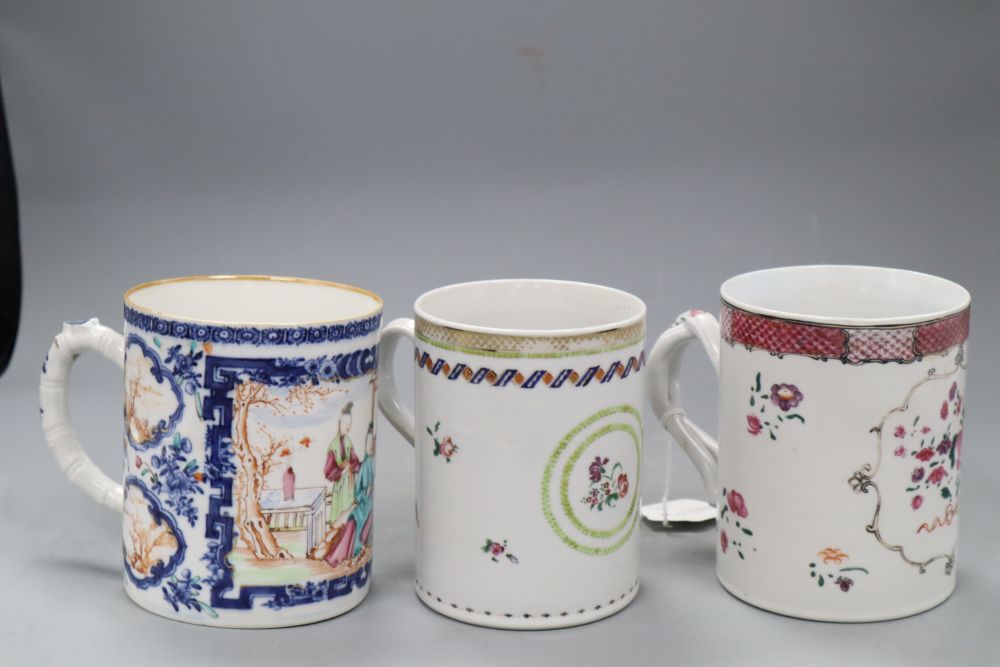 Two Chinese export famille rose mugs, Qianlong and a Chinese export Imari bulle shaped teapot and - Image 2 of 2