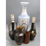 A Chinese cloisonne enamel vase, a bamboo brush pot, and two spelter lamps etc.