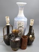 A Chinese cloisonne enamel vase, a bamboo brush pot, and two spelter lamps etc.