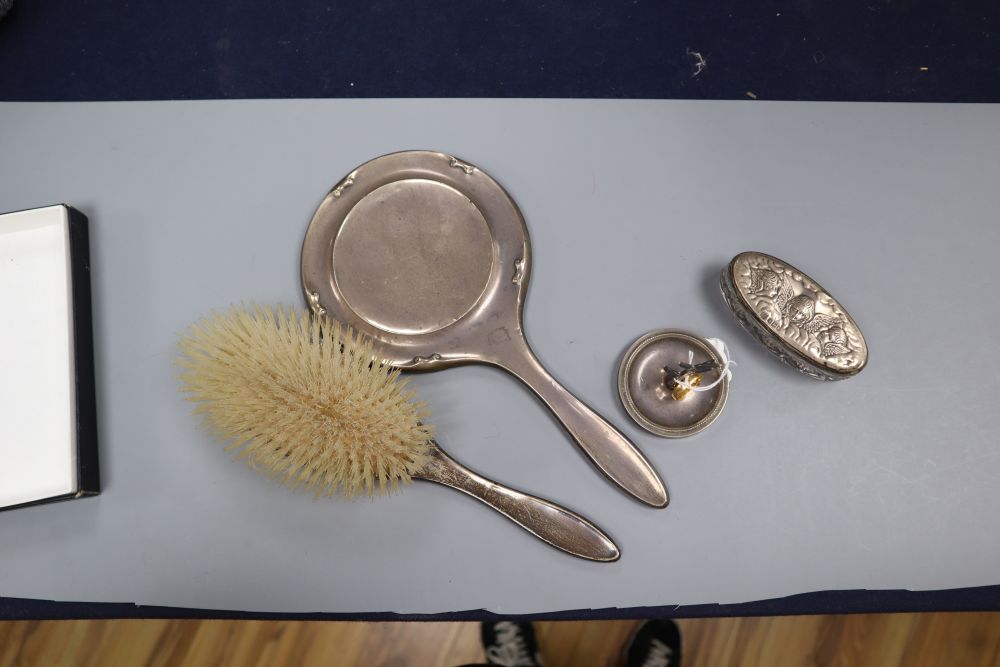 A 22ct gold ring, (lacking stone), 3.6 grams, a silver handled toilet mirror and brush, a silver - Image 2 of 2