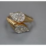 A modern 14k and diamond chip set double cluster ring, size H, gross 2.9 grams.