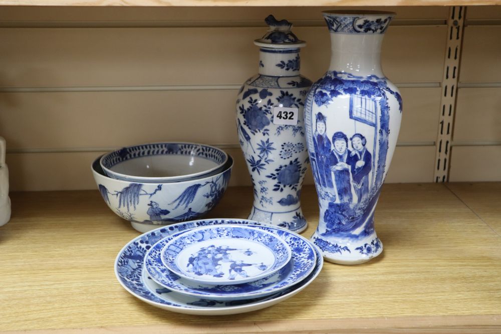 Two 19th century blue and white vases, two bowls and three dishes