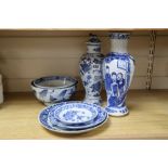 Two 19th century blue and white vases, two bowls and three dishes