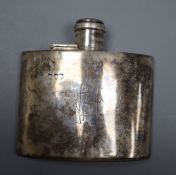 A late Victorian curved silver hip flask, marks rubbed, London, 1895?, 9.8cm, gross 4 oz, (old