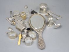 A collection of small silver including a hair tidy, four napkin rings, Scottish sauce ladle,