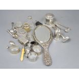 A collection of small silver including a hair tidy, four napkin rings, Scottish sauce ladle,