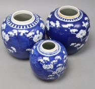 Three Chinese blue and white 'prunus' jars, one with apocryphal kangxi mark