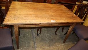 A 19th century fruitwood farmhouse table, planked top on square tapered legs, W.132cm, D.82cm, H.