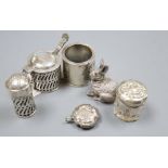 Small silver including a 'filled' miniature silver model rabbit, two silver condiments and three